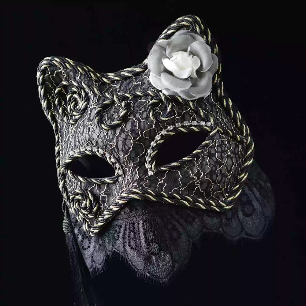 Gothic Black Lace Cat Mask with Rose & Veil