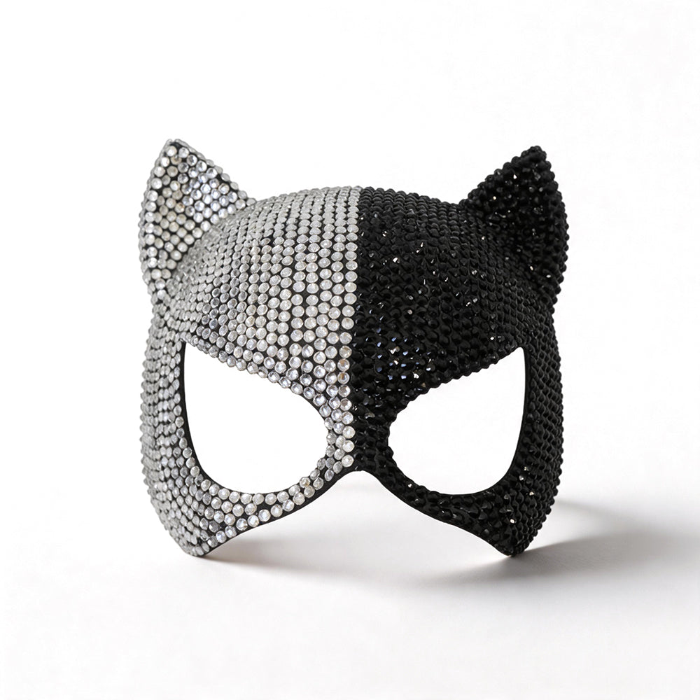 Two-Tone Crystal cat Party Mask- (Black & Silver)