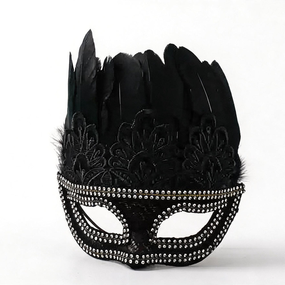 Giulia  Elegant Black Feather & Lace Masquerade Mask