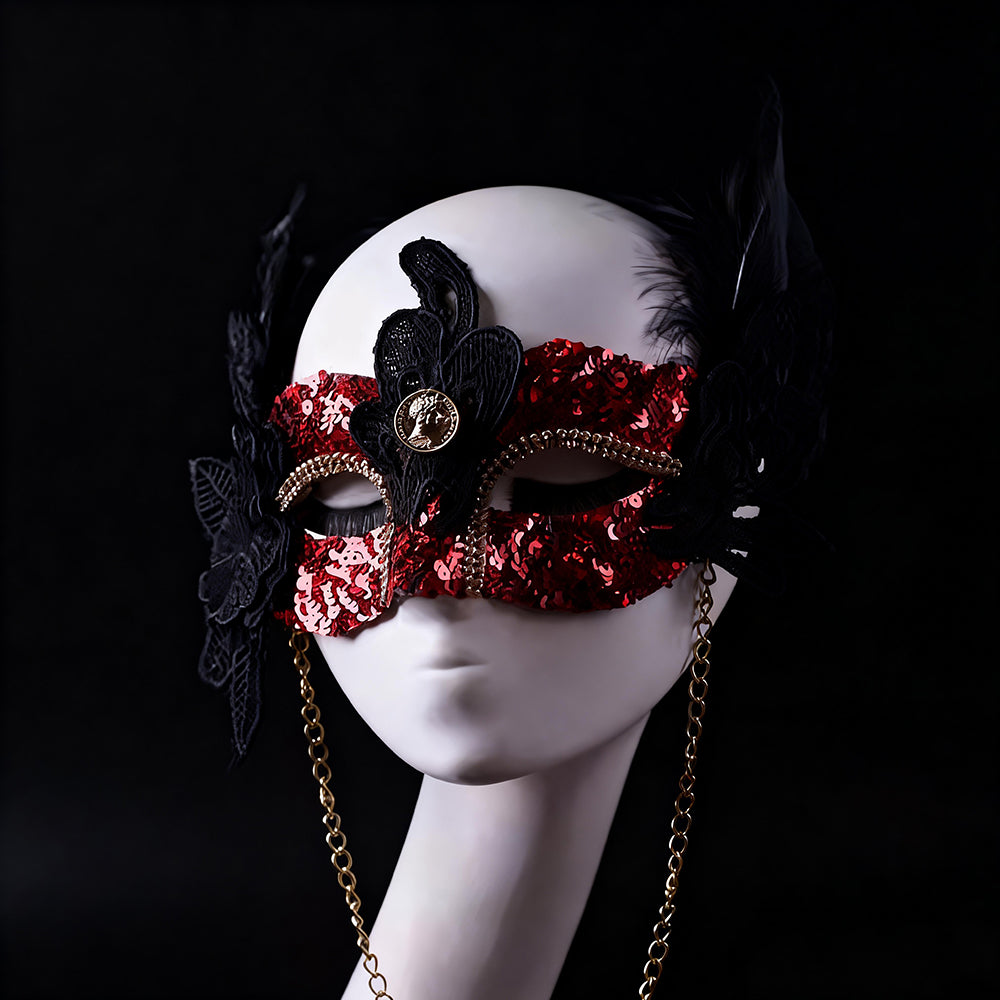 Red Sequin Masquerade Mask with Lace Appliqué