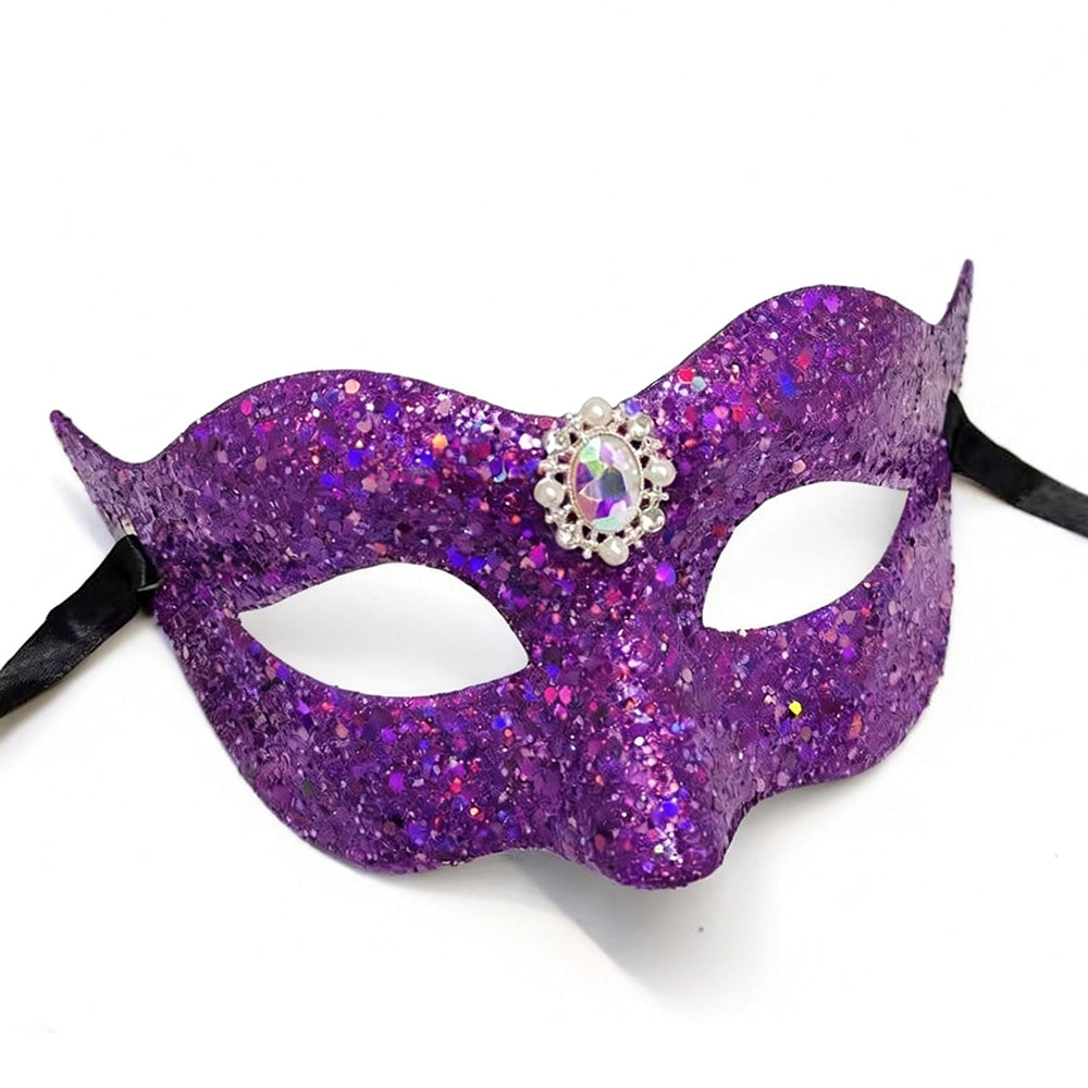 KELLY PINK Purple Glitter Venetian Masquerade Mask with Crystal Centerpiece