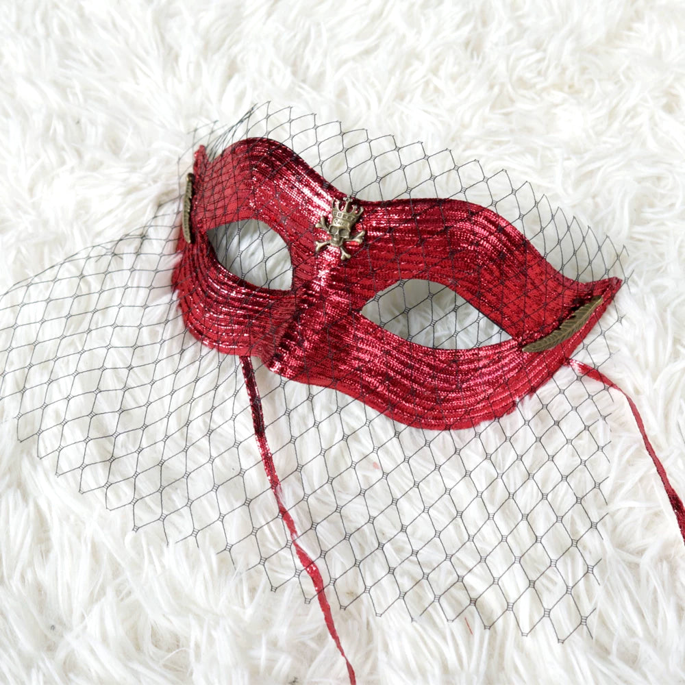 Regina Mysterious Red Sequin Veil Masquerade Mask