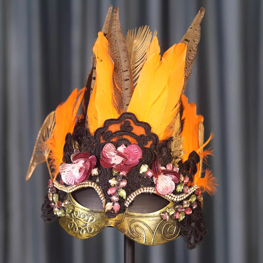 Giuliu Orange Feather Headpiece Masquerade Mask