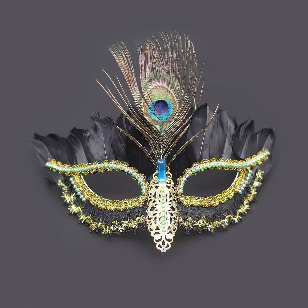 Giulia Peacock Feather Masquerade Mask with Lace Detail