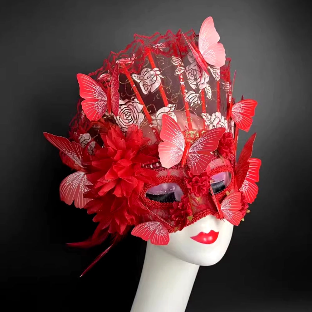 Red Butterfly Masquerade Mask with Lace Fan Design