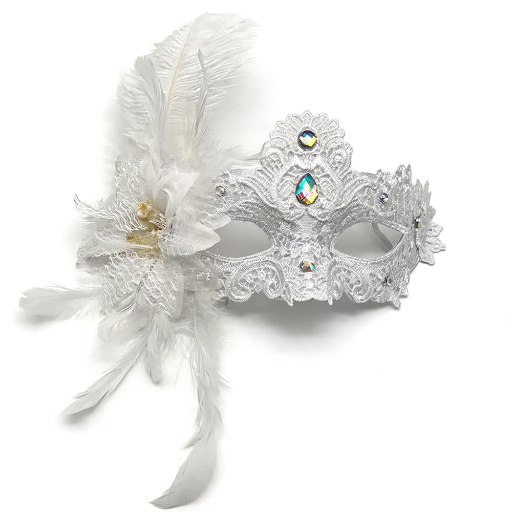 Giulia White Feather Venetian Masquerade Mask with Rhinestone Accents