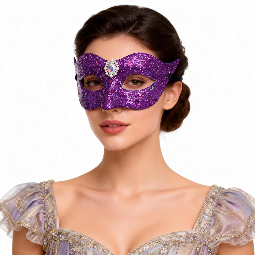 KELLY PINK Purple Glitter Venetian Masquerade Mask with Crystal Centerpiece
