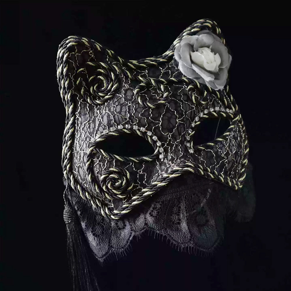 Gothic Black Lace Cat Mask with Rose & Veil