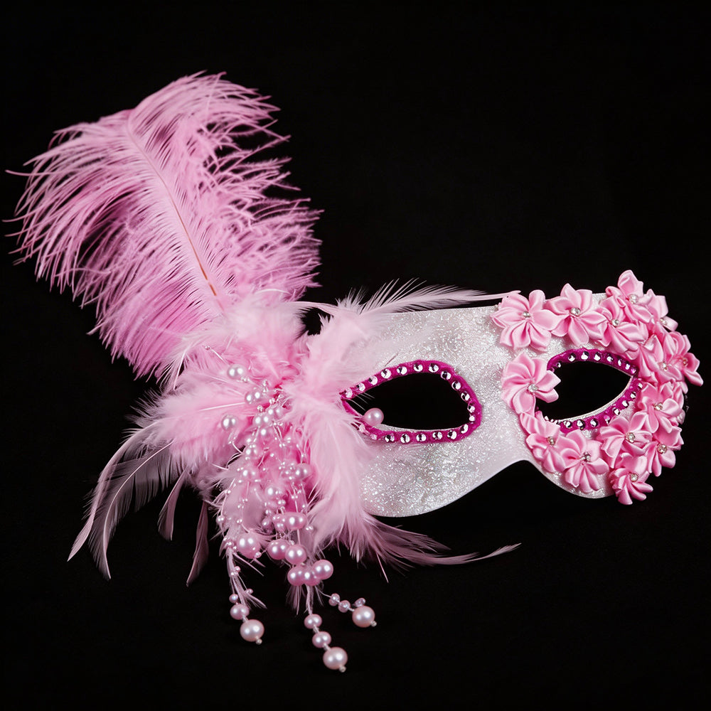 Giulia Pink Feather Floral Masquerade Mask with Pearl Tassel
