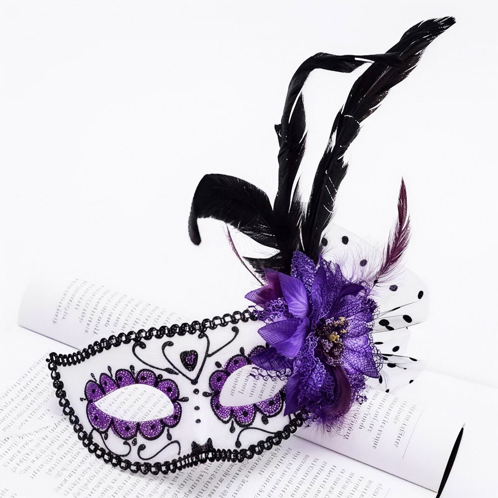 Giulia Purple Floral Feather Masquerade Mask with Polka Dot Veil