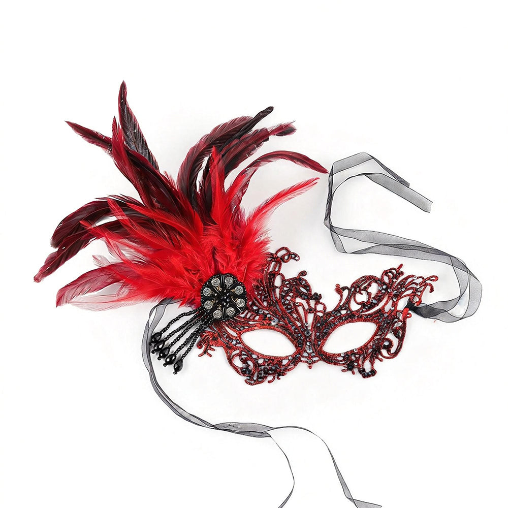Red Feather Masquerade Mask with Side Plume