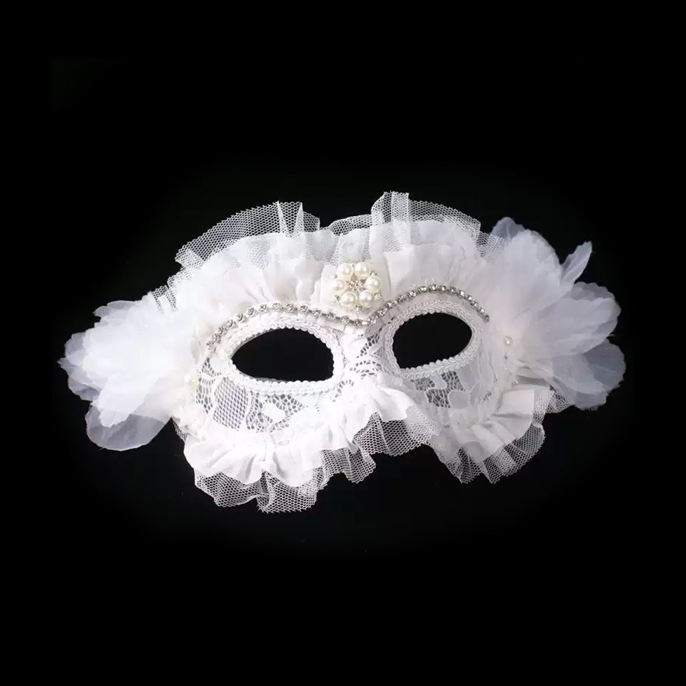 Ruffled Lace Masquerade Mask - Pearl & Crystal Eye Mask (White)