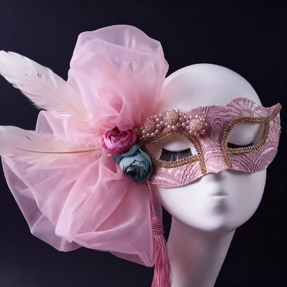 Marie Lace Blush Veil Floral Masquerade Mask with Pearl Embellishment