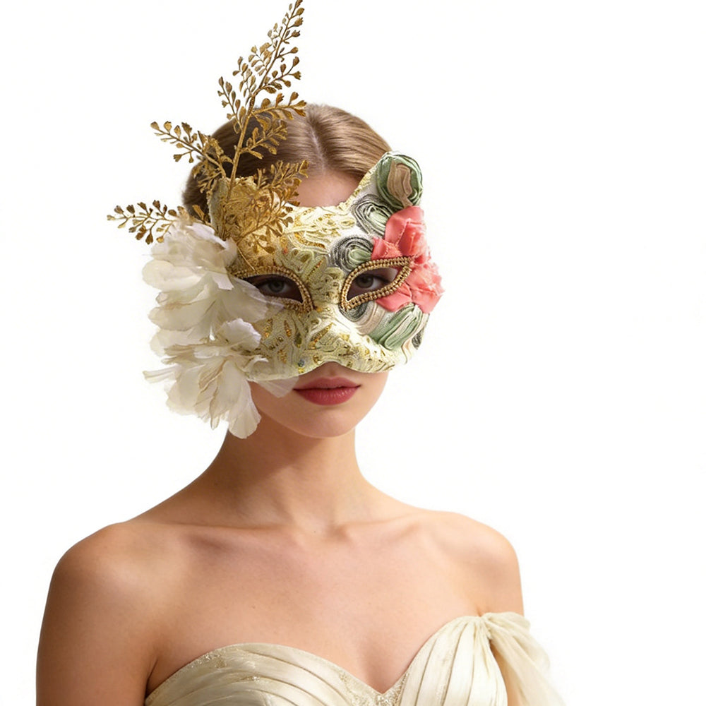 Marie Lace Floral  Cat Masquerade Mask with Feather Detail