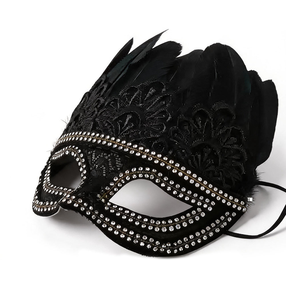 Giulia  Elegant Black Feather & Lace Masquerade Mask