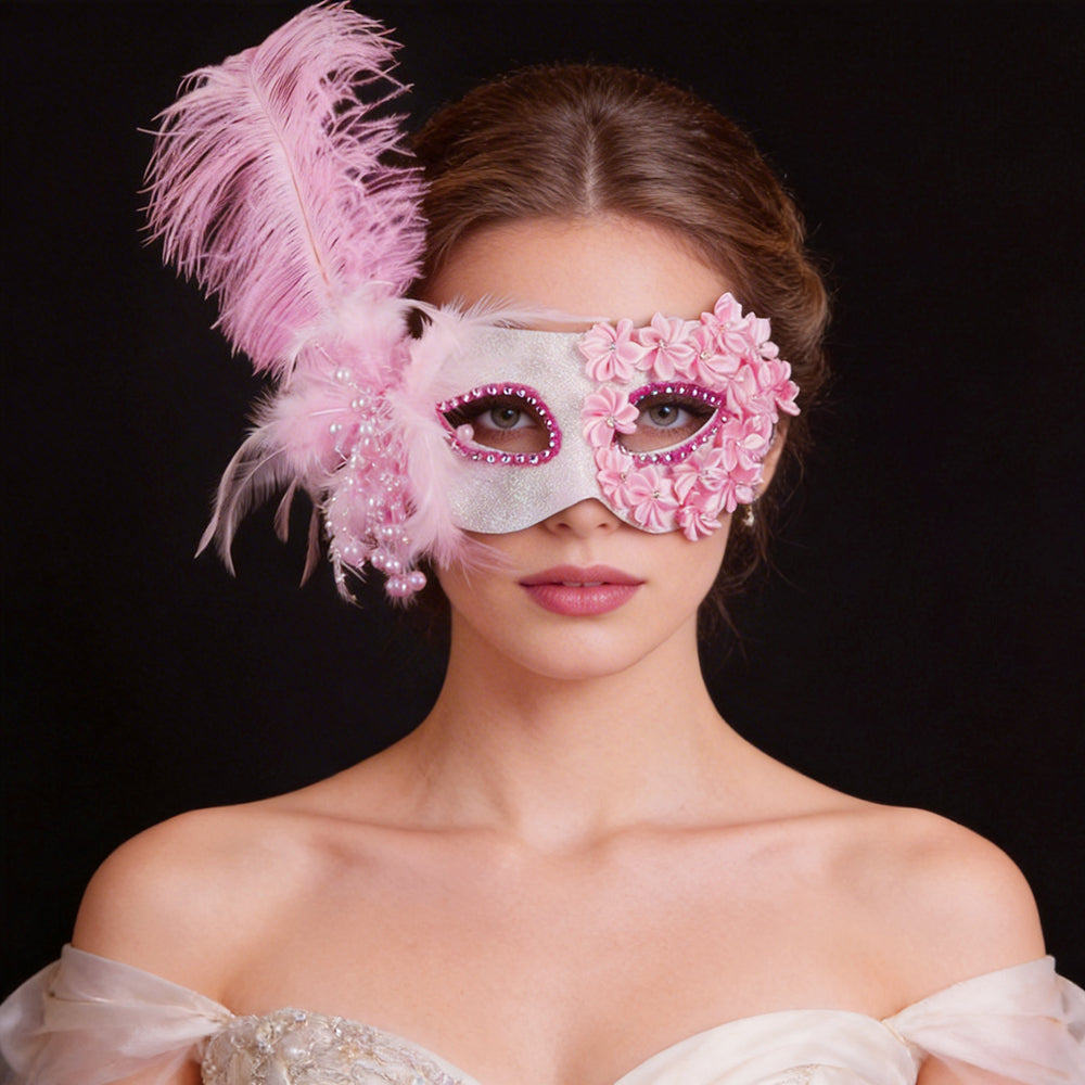 Giulia Pink Feather Floral Masquerade Mask with Pearl Tassel