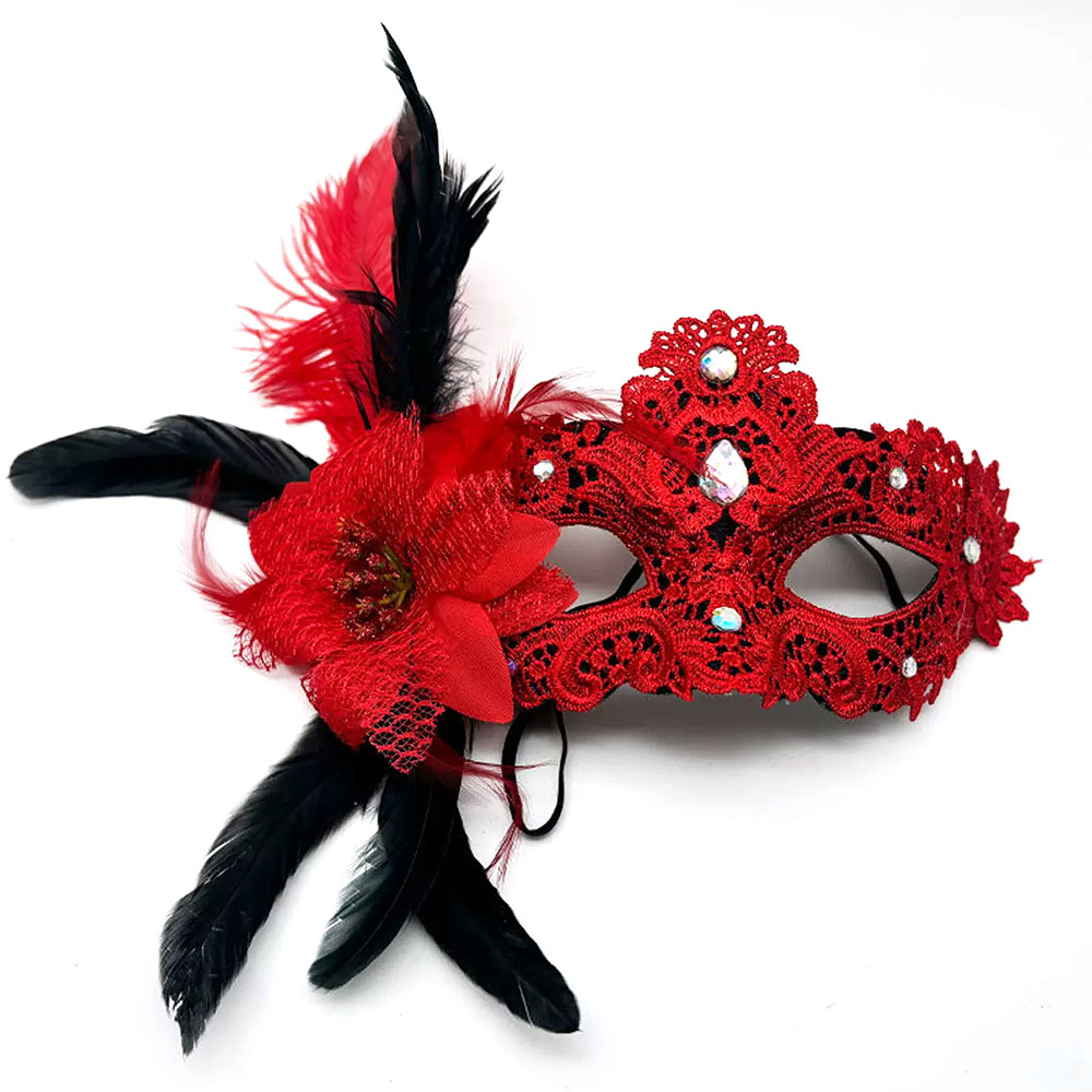 Giulia Red Feather Venetian Masquerade Mask with Rhinestone Accents
