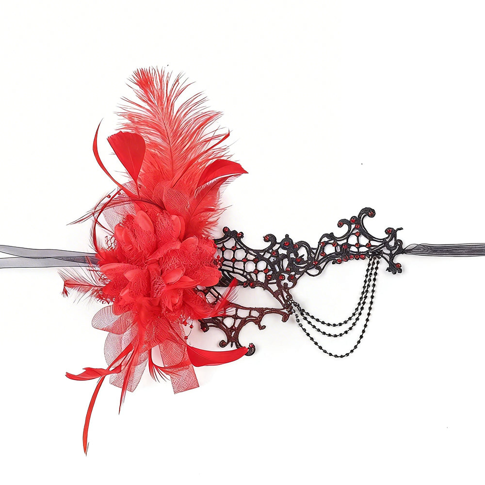 Giulia Red Feather Side Accent Lace Masquerade Mask