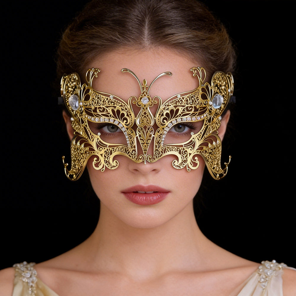Regina Gold Filigree Butterfly Masquerade Mask with Crystal Detail