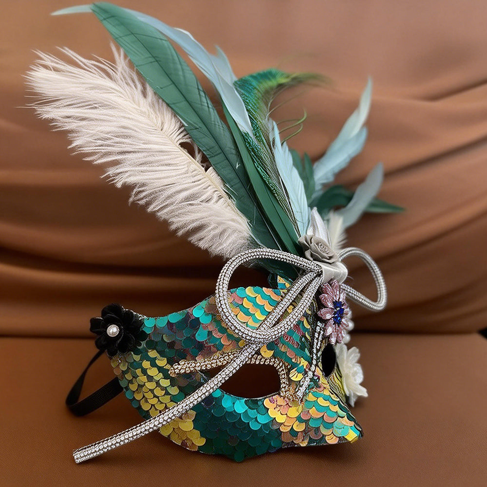 Giulia Green Feather Masquerade Mask with Sequin Detail