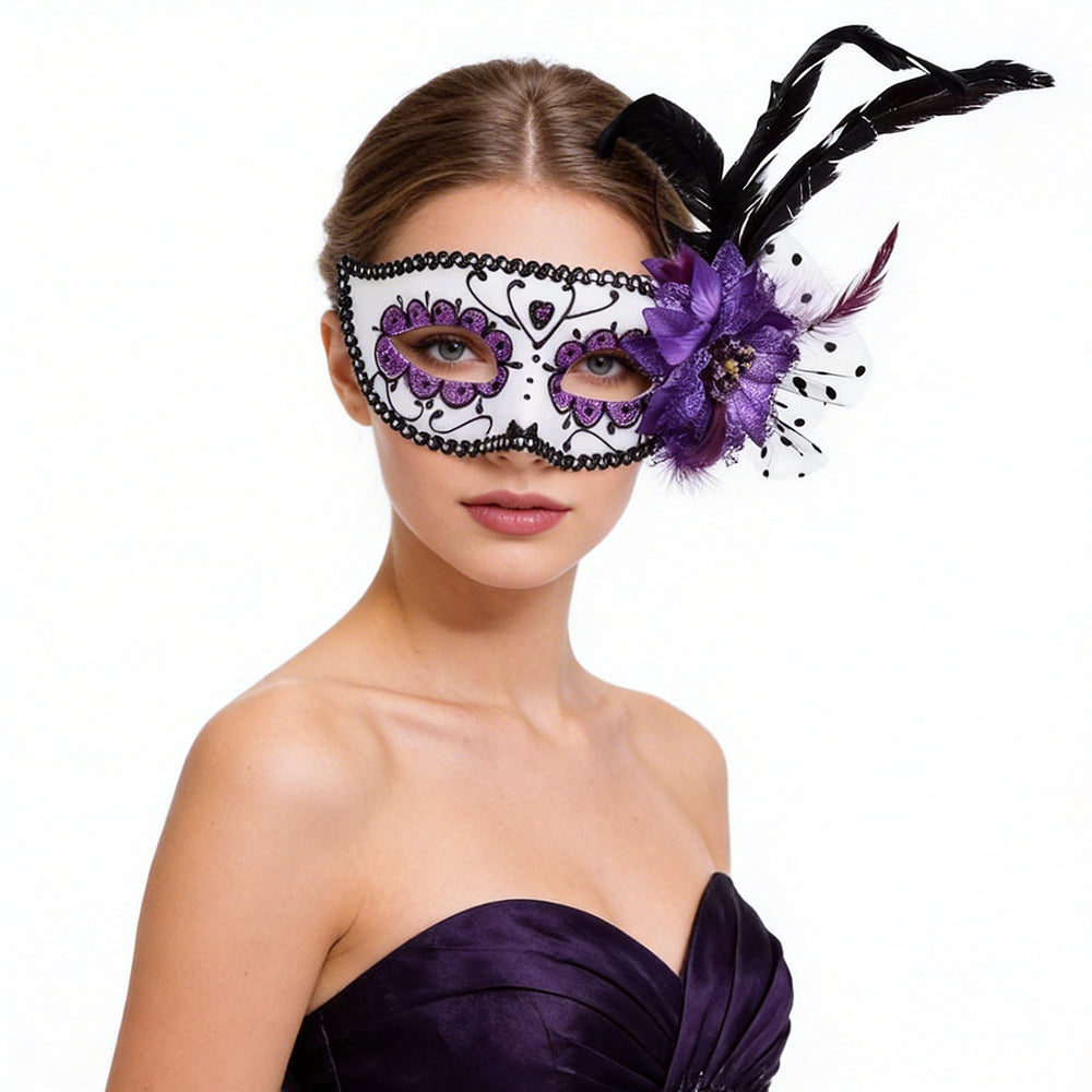 Giulia Purple Floral Feather Masquerade Mask with Polka Dot Veil