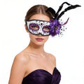 Giulia Purple Floral Feather Masquerade Mask with Polka Dot Veil