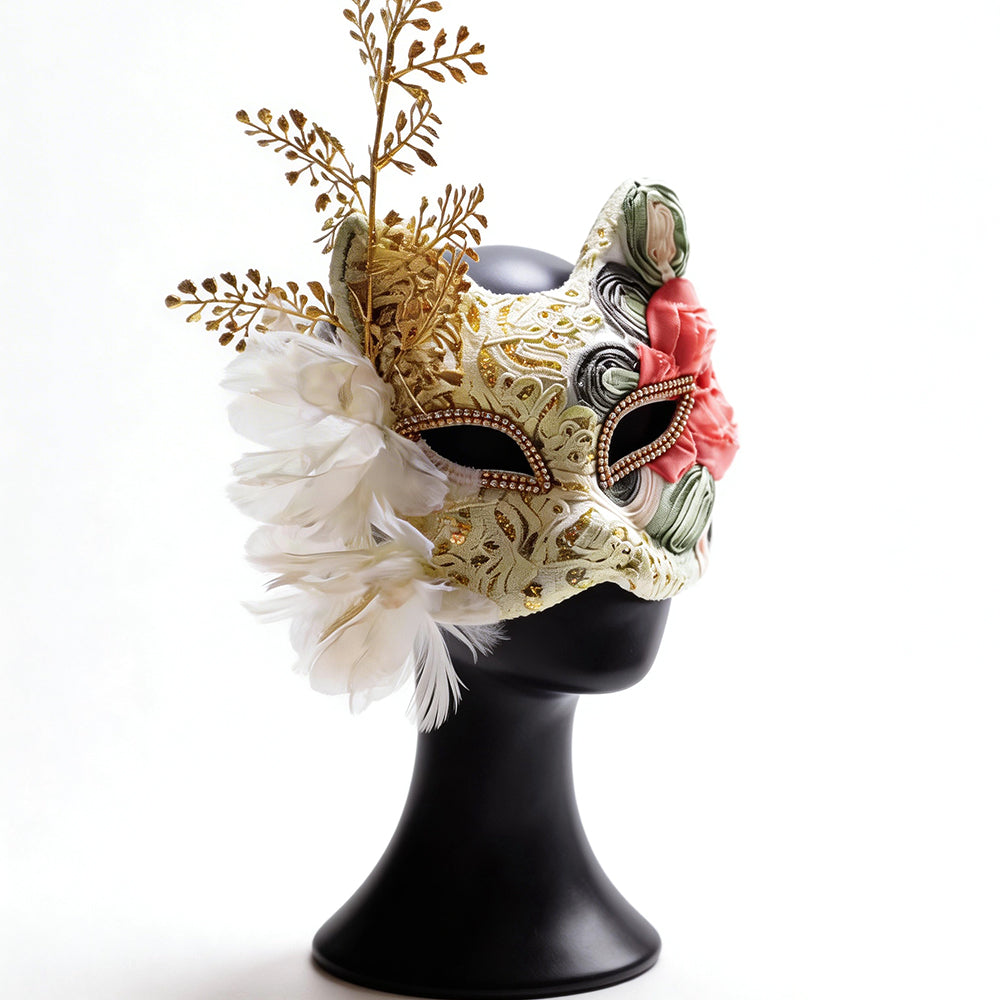 Marie Lace Floral  Cat Masquerade Mask with Feather Detail