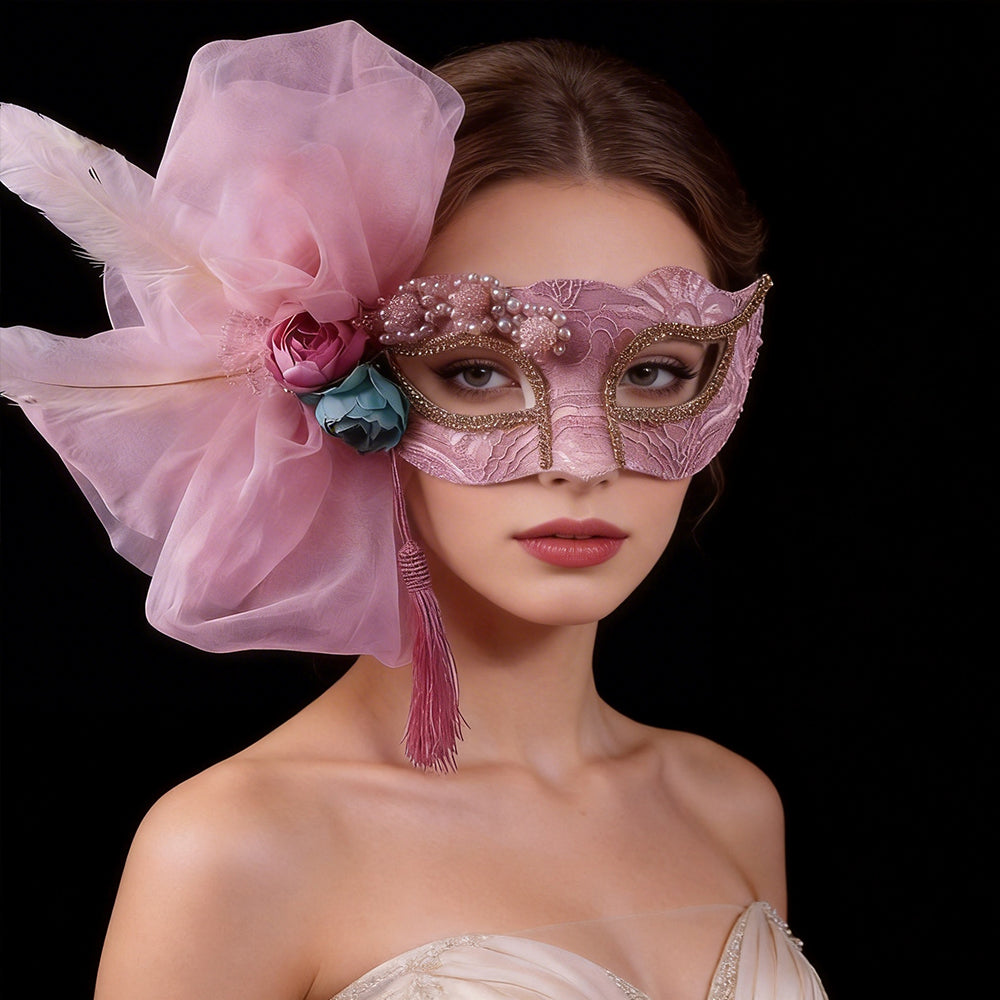 Marie Lace Blush Veil Floral Masquerade Mask with Pearl Embellishment