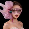 Marie Lace Blush Veil Floral Masquerade Mask with Pearl Embellishment