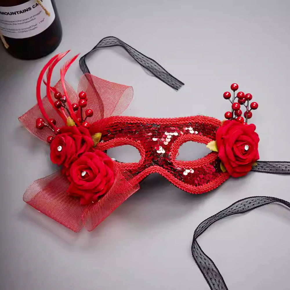 Héloïse Red Sequin Masquerade Mask with Flower & Feather