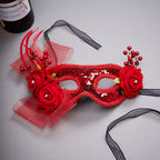 Héloïse Red Sequin Masquerade Mask with Flower & Feather
