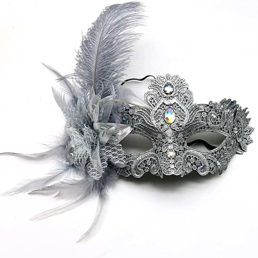 Giulia Silver Feather Venetian Masquerade Mask with Rhinestone Accents