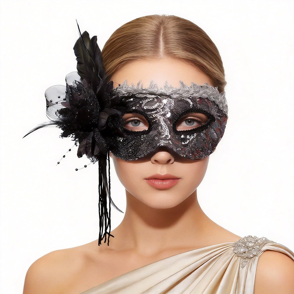 Héloïse Black Feather Masquerade Mask with Sequin Detail