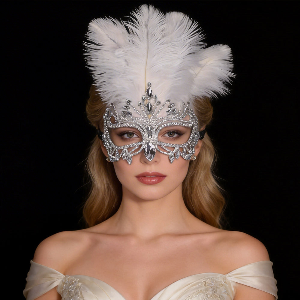 Giulia Feather Crown Rhinestone Masquerade Mask