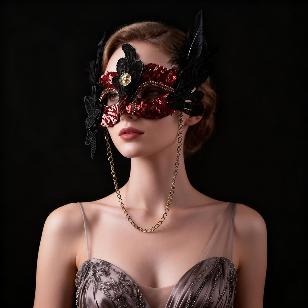 Red Sequin Masquerade Mask with Lace Appliqué