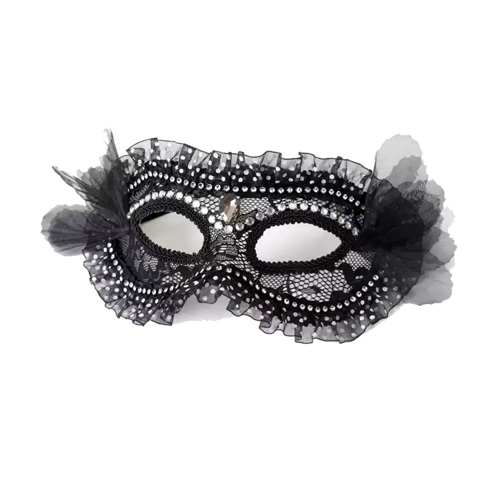 Ruffled Lace Masquerade Mask - Pearl & Crystal Eye Mask -Black