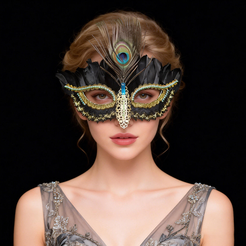 Giulia Peacock Feather Masquerade Mask with Lace Detail