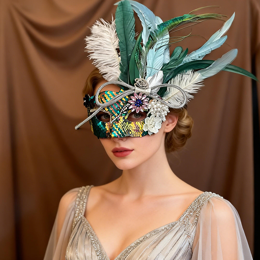 Giulia Green Feather Masquerade Mask with Sequin Detail