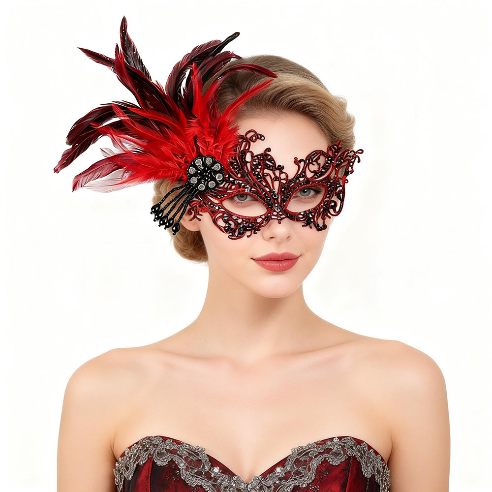Red Feather Masquerade Mask with Side Plume