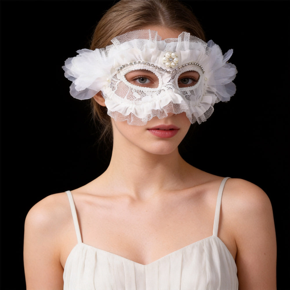 Ruffled Lace Masquerade Mask - Pearl & Crystal Eye Mask (White)