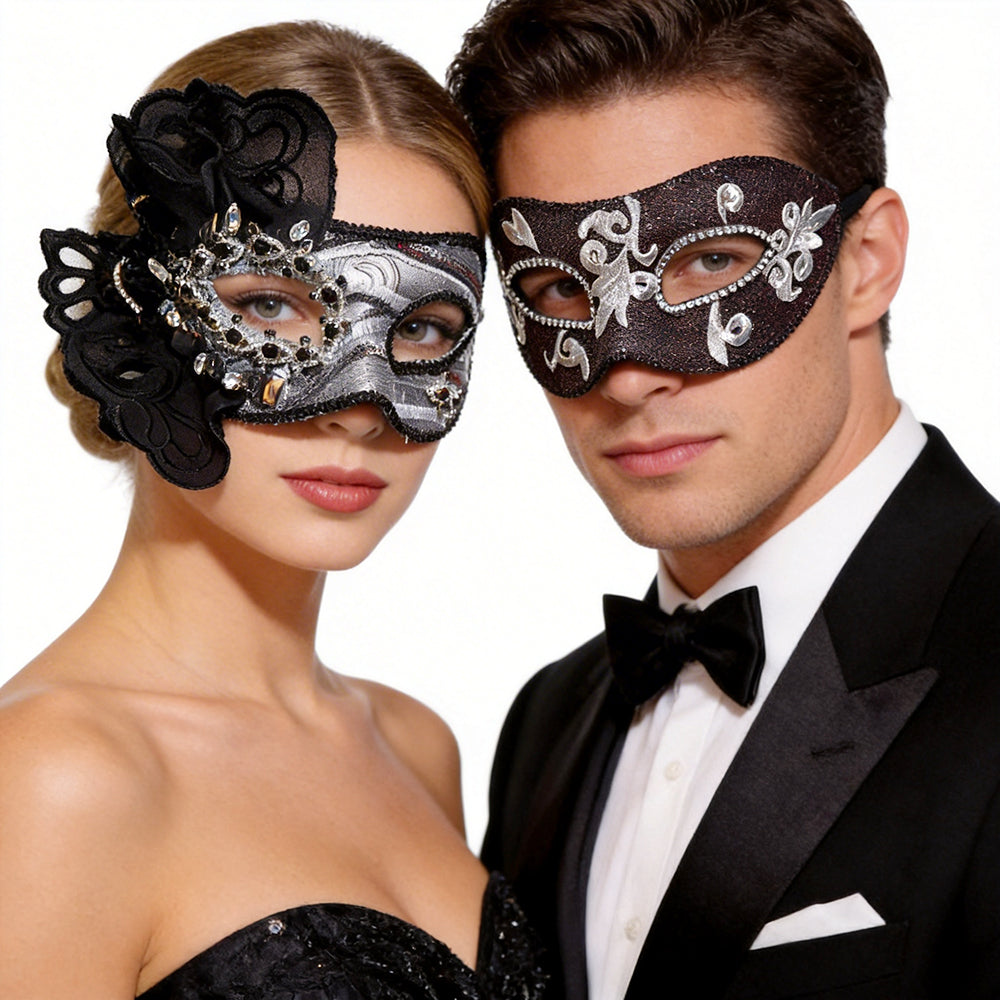 Couple Masquerade Mask Set – Black & Silver