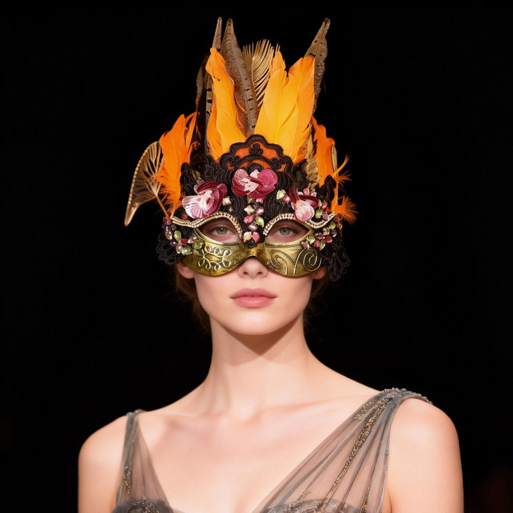 Giuliu Orange Feather Headpiece Masquerade Mask