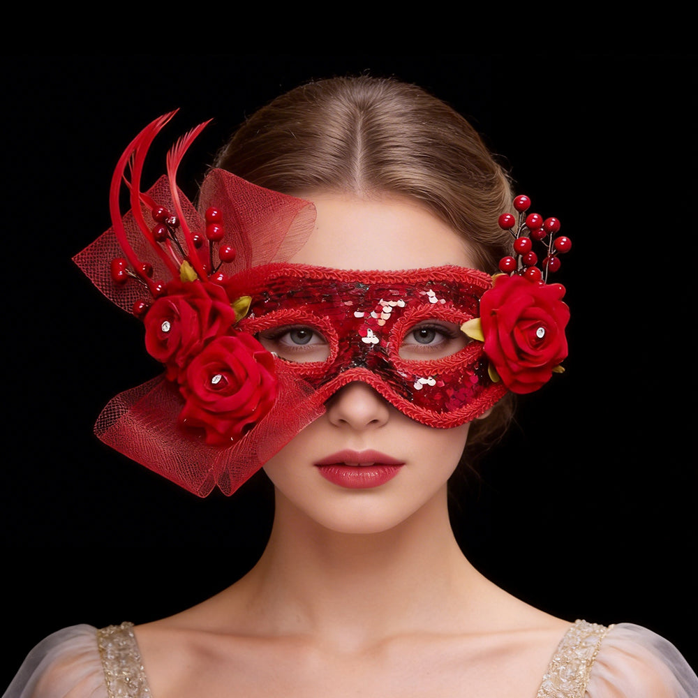 Héloïse Red Sequin Masquerade Mask with Flower & Feather