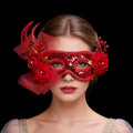 Héloïse Red Sequin Masquerade Mask with Flower & Feather