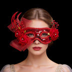 Héloïse Red Sequin Masquerade Mask with Flower & Feather