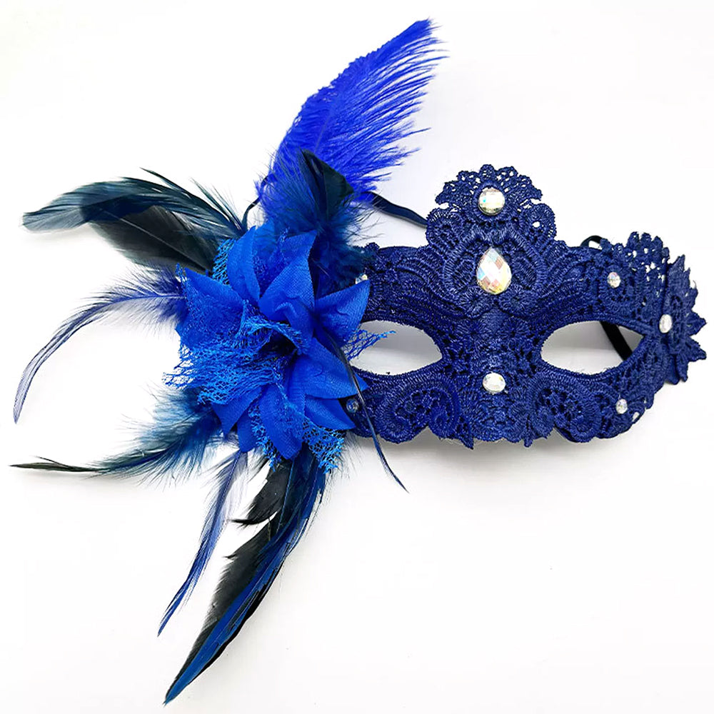 Giulia Blue Feather Venetian Masquerade Mask with Rhinestone Accents