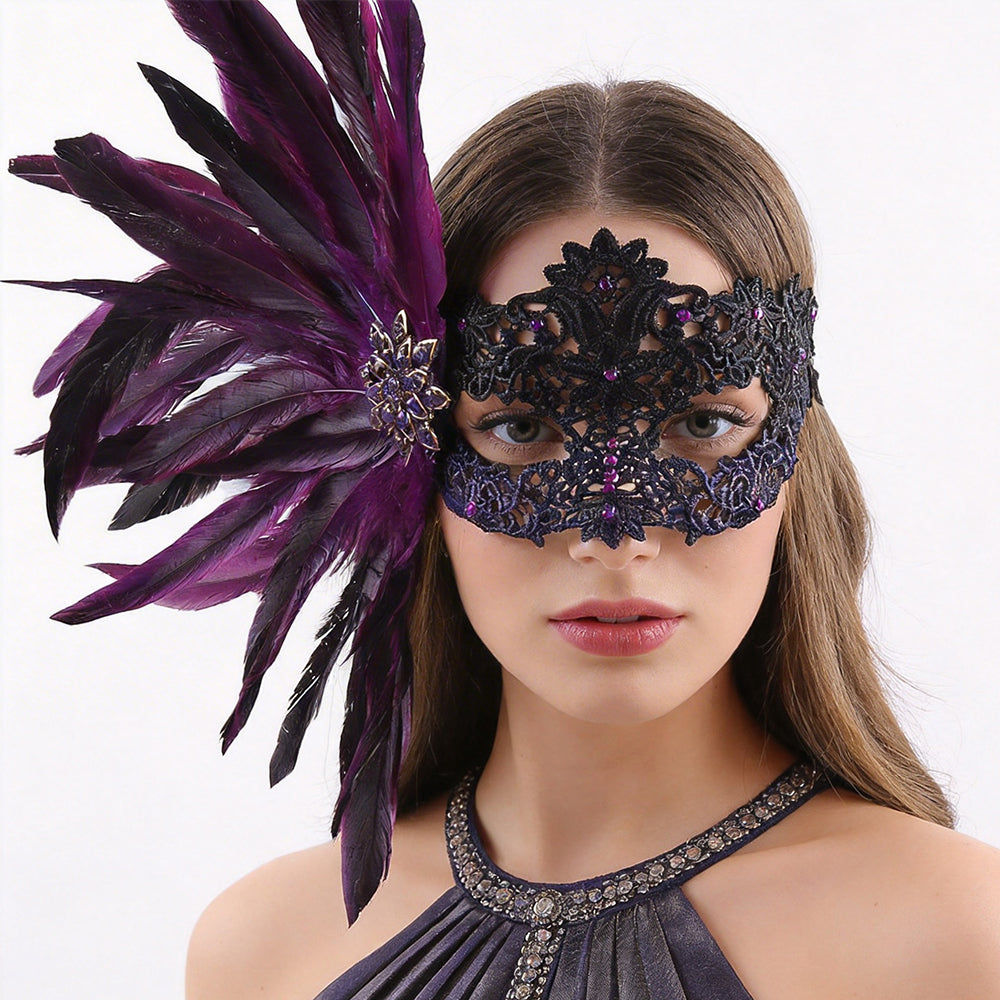 Giulia Purple Feather Side Accent Lace Masquerade Mask