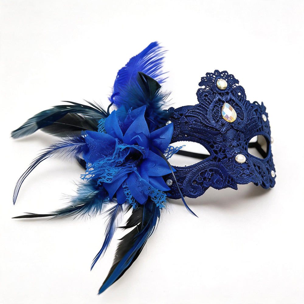Giulia Blue Feather Venetian Masquerade Mask with Rhinestone Accents