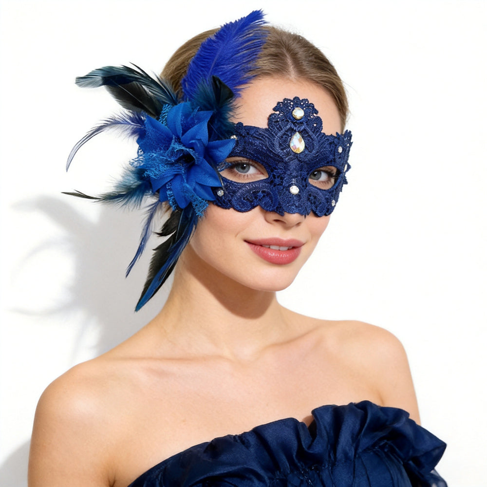 Giulia Blue Feather Venetian Masquerade Mask with Rhinestone Accents