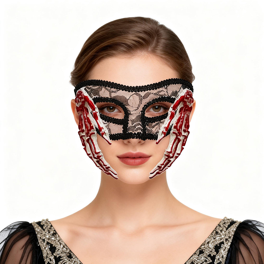 Bathory Lace Halloween Masquerade Mask with Sculpted Hand Detail